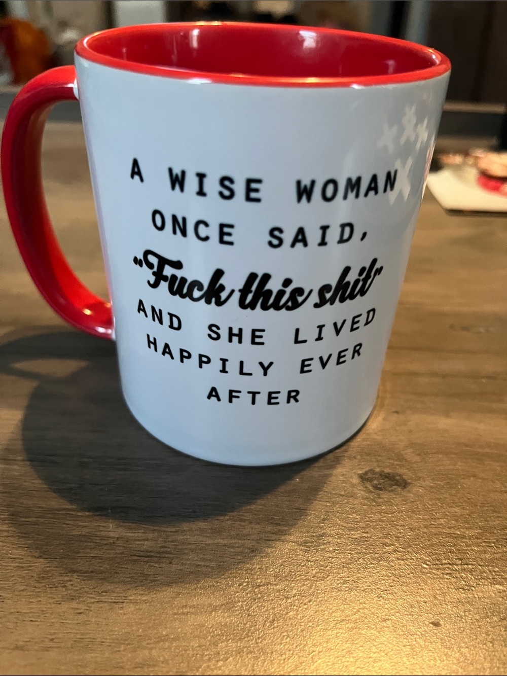 White Ceramic Mug with Red Interior and Handle — Bold Quote Design